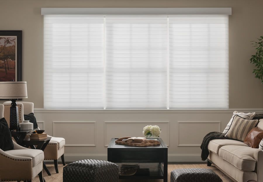 smart home company wa, smart home installation, Beyond HiFi, lutron shading, living room, horizontal shading, bellevue washington